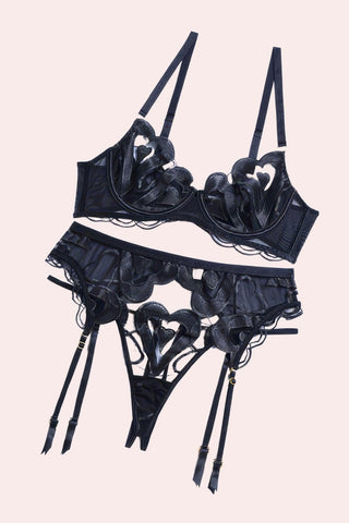 Black Heart Set - Set - Feminine UAE - Sensual Lingerie - Black - S - Bra Panties & Garter Set - Set -