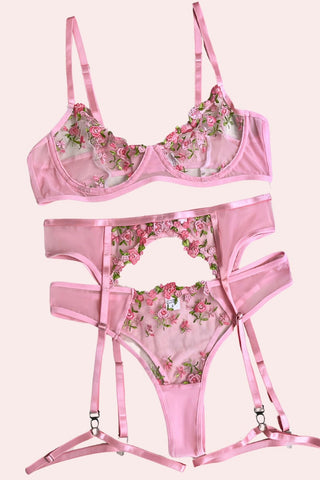 Cotton Candy Set - Set - Feminine UAE - Sensual Lingerie - Pink - S - Bra Panties & Garter Set - Set -