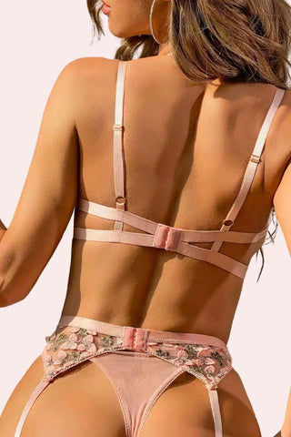 Flora Set - Set - Feminine UAE - Sensual Lingerie - Pink - S - Bra Panties & Garter Set - Set -
